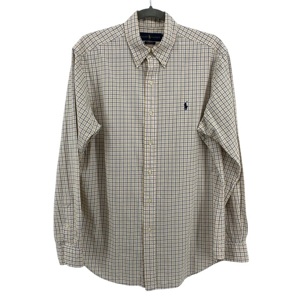 Ralph Lauren Mens Classic Fit Button Down Shirt Yellow Navy Check Cotton M - Picture 2 of 10